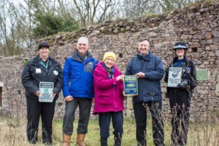 At Hartshill Castle are North Warwickshire Rural Crime Co-coordinator Carol Cotterill; Ian George, Inspector of Ancient Monuments for Historic England; Miss Jean Lapworth, custodian of the castle; Phil Cleary, Co Founder and Director of Smartwater and PCSO Sarah Fretter.