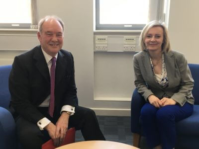 Warwickshire Police and Crime Commissioner Philip Seccombe with the Lord Chancellor and Secretary of State for Justice Liz Truss MP during their meeting at the Justice Centre in Leamington Spa.