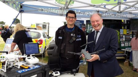 Inspecting the Warwickshire Police 'drone' equipment with its chief pilot, PCSO Andy Steventon.