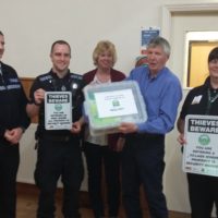 Pictured with the crime prevention toolbox are, from left, Chief Inspector Neil Harrison and PC Stuart Baker from Warwickshire Police; Jackie Essex, Parish Clerk and John Hawkins, Vice Chair of Wolvey Parish Council; and Carol Cotterill, Rural Crime Coordinator for North Warwickshire.
