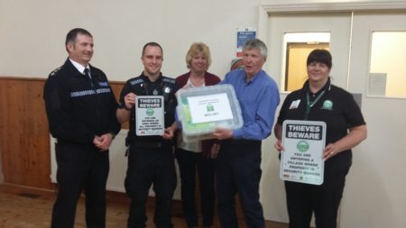 Pictured with the crime prevention toolbox are, from left, Chief Inspector Neil Harrison and PC Stuart Baker from Warwickshire Police; Jackie Essex, Parish Clerk and John Hawkins, Vice Chair of Wolvey Parish Council; and Carol Cotterill, Rural Crime Coordinator for North Warwickshire.