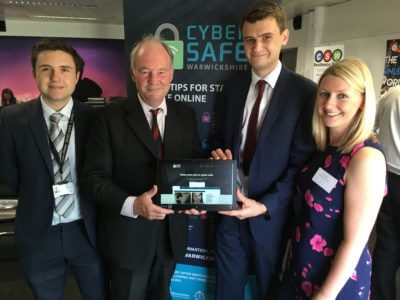 Launching the Cyber Safe Warwickshire website, from left, are Cyber Crime Advisor Sam Slemensek, Police and Crime Commissioner Philip Seccombe, Cyber Crime Advisor Alex Gloster and Louise Williams, Warwickshire County Council’s Community Safety Manager.