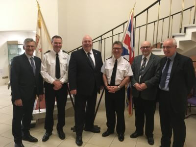 Members of the Warwickshire Blue Light Collaboration Joint Advisory Board ahead of the first meeting at Warwick Shire Hall. From left: Councillor Peter Butlin, Warwickshire County Council’s Deputy Leader (Finance and Property); Andy Hickmott, Chief Fire Officer for Warwickshire Fire and Rescue Service; Rob Tromans, Deputy Police and Crime Commissioner; Martin Jelley, Chief Constable for Warwickshire Police; Councillor Howard Roberts, Portfolio Holder for Fire and Community Safety, Warwickshire County Council and David Carter, Joint Managing Director – Resources for Warwickshire County Council.