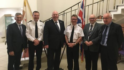 Members of the Warwickshire Blue Light Collaboration Joint Advisory Board ahead of the first meeting at Warwick Shire Hall. From left: Councillor Peter Butlin, Warwickshire County Council’s Deputy Leader (Finance and Property); Andy Hickmott, Chief Fire Officer for Warwickshire Fire and Rescue Service; Rob Tromans, Deputy Police and Crime Commissioner; Martin Jelley, Chief Constable for Warwickshire Police; Councillor Howard Roberts, Portfolio Holder for Fire and Community Safety, Warwickshire County Council and David Carter, Joint Managing Director – Resources for Warwickshire County Council.