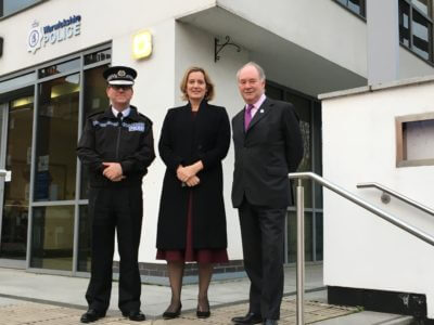 Warwickshire Police Chief Constable Martin Jelley and Police and Crime Commissioner welcome Home Secretary Amber Rudd MP (centre) to the Leamington Justice Centre.