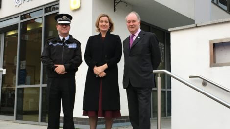 Warwickshire Police Chief Constable Martin Jelley and Police and Crime Commissioner welcome Home Secretary Amber Rudd MP (centre) to the Leamington Justice Centre.
