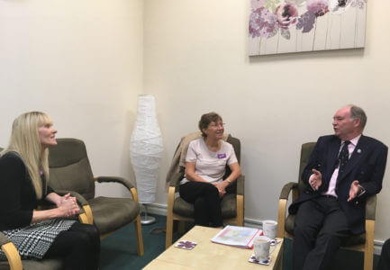 Warwickshire PCC Philip Seccombe (right) talks with RoSA Manager Julie Bettelley (left) and RoSA Board of Trustees Chair Sue Crosson (centre)
