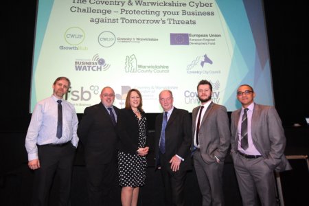 From left, Neil Batchelor (Coventry and Warwickshire Chamber of Commerce); Richard Warren (CWLEP Growth Hub); Helen Barge (Risk Evolves); Philip Seccombe (Warwickshire Police and Crime Commissioner); Louie Augarde (OmniCybersecurity) and Alexeis Garcia-Perez (Centre for Business in Society at Coventry University)