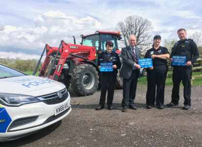 Launching the 'Police - stop this vehicle' scheme for agricultural vehicles are, from left: PCSO Jane Owen, Warwickshire Police and Crime Commissioner Philip Seccombe, Rural Crime Co-ordinator Carol Cotterill and Sergeant Neil Pearsall.
