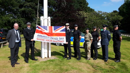 Pictured (from left to right): Warwickshire Police and Crime Commissioner, Philip Seccombe, Ch Supt Franklin-Smith, Sgt Vicky Duffield-Smith (Navy Reserve), Sgt Miles Bullock (Army Reservist), Insp Lucy Sewell (Army Reservist), PC Dave Picken (Veteran), PC Adam Fletcher (RAF Cadet Instructor) and PC Nik Walpole (Veteran).