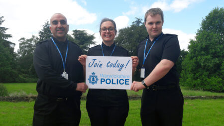 Student officers PC Mohammed Mazhar, PC Sophie Reading and PC Tom Poole encouraging others to join them in a career with Warwickshire Police.