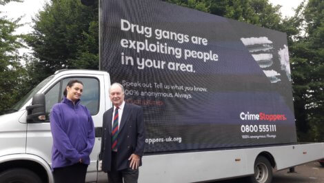 Warwickshire Police and Crime Commissioner Philip Seccombe with Emily van der Lely from Crimestoppers and the ad van at its first stop in Stratford Upon Avon.