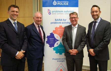 Pictured at the Warwickshire Problem Solving Partnership Event are, from left: Chief Superintendent Alex Franklin-Smith, Warwickshire Police and Crime Commissioner Philip Seccombe, Chief Constable Martin Jelley and Assistant Chief Constable Richard Moore.