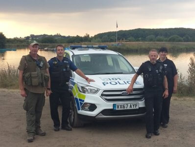 On patrol in North Warwickshire are, from left, Andy Eardley from the Environment Agency, PSCSO Simeon Hodson from Warwickshire Police, PC Dave Riley from Leicestershire Police and Carol Cotterill, Rural Crime Officer for North Warwickshire.