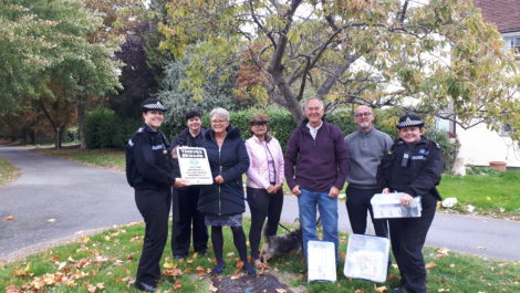 Insp Karen Jones, Rural Crime Officer Carol Cotterill, Ann Morton from the Bourton Trust, villagers Anita Wright, Tony Mather and Robert Jack with Sgt Sarah Masters from Warwickshire Police