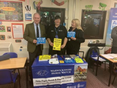 Warwickshire Police and Crime Commissioner Philip Seccombe with Rural Crime Officer Carol Cotterill and Vicki Parry, from Warwickshire Horse Watch