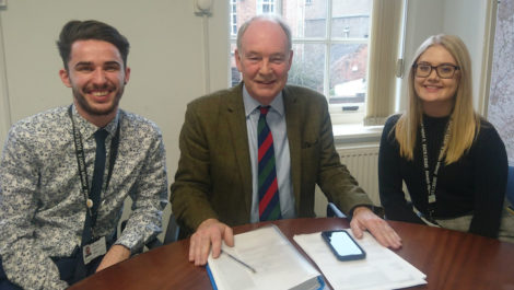 Warwickshire Police and Crime Commissioner Philip Seccombe (centre) with Cyber Crime Advisors Joseph Patterson and Abbey Baker.