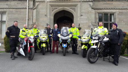 Bike Safe launch at Leek Wootton - police motorcyclists and civilian riders line up with their motorbikes at Leek Wootton with Police and Crime Commissioner Philip Seccombe