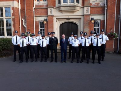 Warwickshire PCC Philip Seccmbe and Deputy Chief Constable Richard Moore with the new student officers at Warwick School