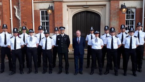 PCC Philip Seccombe and Deputy Chief constable Richard Moore with new police officers at their passing out ceremony in Warwick in August.