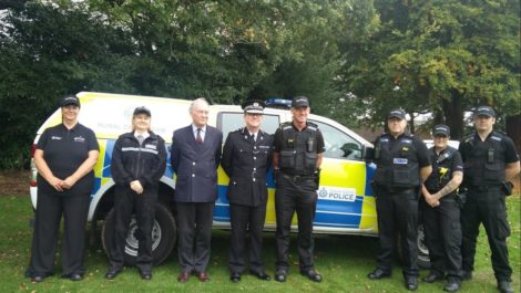 At the launch of the Rural Crime Team are: Rural Crime Officer Carol Cotterill, Inspector Allison Wiggin, PCC Philip Seccombe, Chief Constable Martin Jelley, Sergeant Bob Shaw, PC Andy Timmins, PC Kate Taylor, PC Craig Purcell