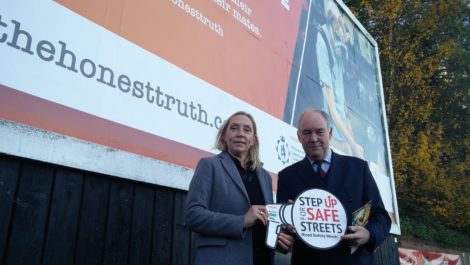Annette Lloyd, Head of The Honest Truth, and Warwickshire Police and Crime Commissioner Philip Seccombe at one of the billboards on show across Warwickshire.