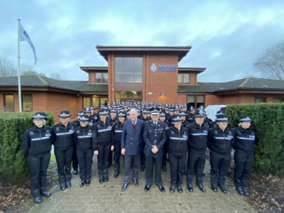 Warwickshire Police and Crime Commissioner Philip Seccombe and Chief Constable Martin Jelley with the 98 student officers at Stuart Ross House in Warwick.