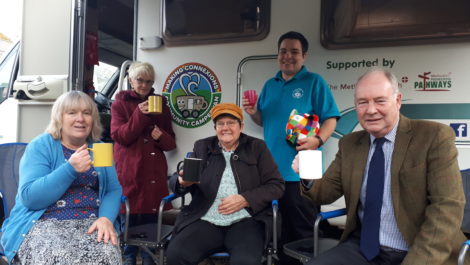 Police and Crime Commissioner Philip Seccombe (right) with, from left: Miriam Sitch, Dawn Ramshaw, Tina Latham and Lucy Catling enjoying a brew at the ‘Elmer’ motorhome.