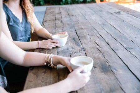 Two women having coffee, faces not shown
