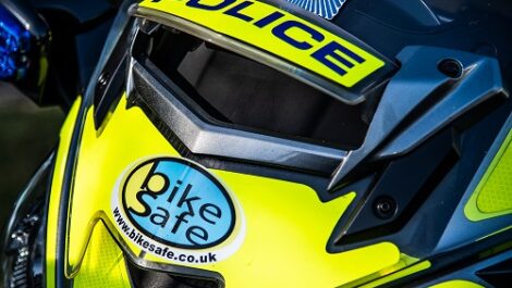 Police motorcycle displaying the Bike Safe logo