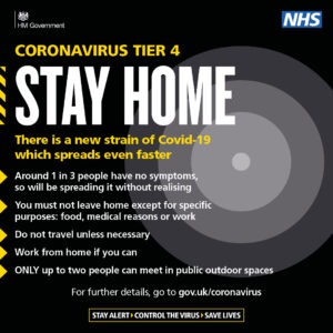Coronavirus Tier 4. Stay at Home. Only up to two people can meet in public outdoor spaces. You must not leave home except for specific purposes: food, medical reasons or work . Do not travel unless necessary. Work from home if you can.