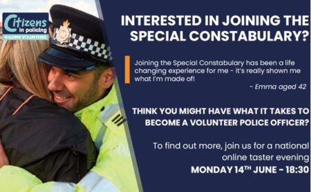 Join us at a Special Constabulary recruitment event online on 14 June at 18.30.