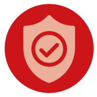 A shield with a tick mark on a red background