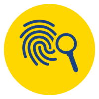 A logo showing a fingerprint and magnifying glass