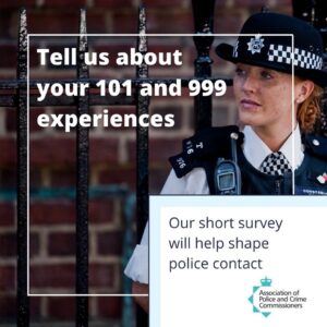 A police officer next to a caption which says 'tell us about your 101 and 999 experiences'