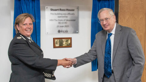 The Cheif Constable and HRH Duke of Gloucester shake hands in front of a plaque