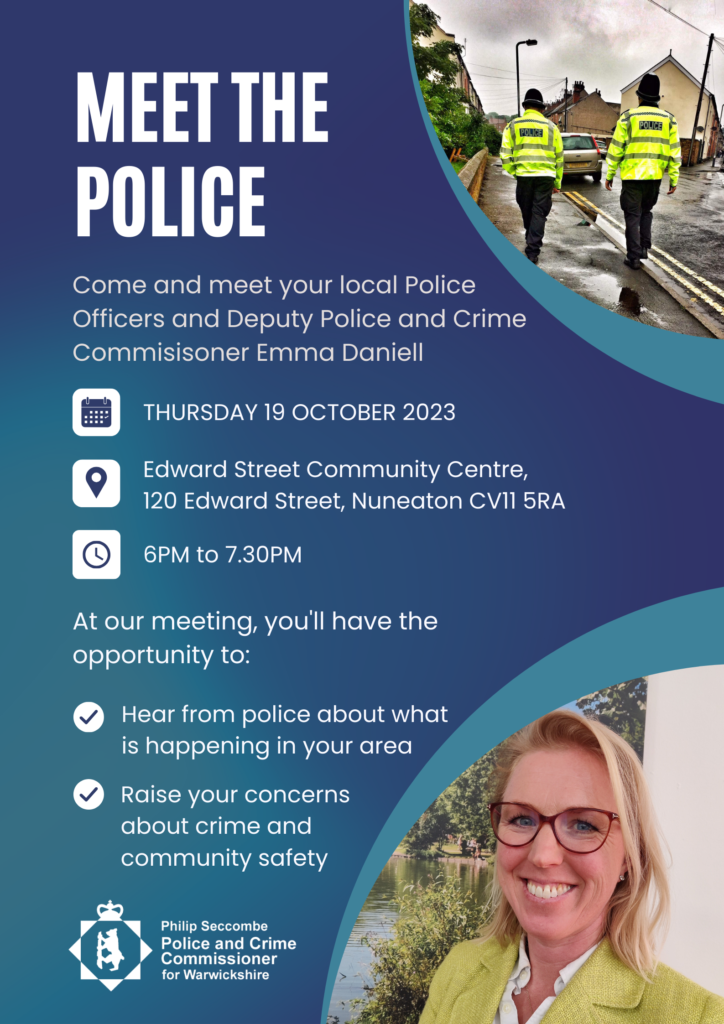 Meet the police - poster shows pictures of police officers and Deputy Police and Crime Commissioner Emma Daniell.