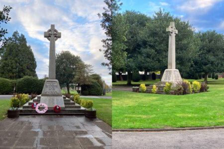 The Memorial at Atherstone Cemetery showing before and after views
