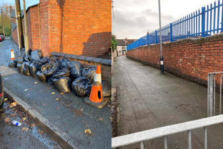 Two views outside a school showing before and after the cleanup